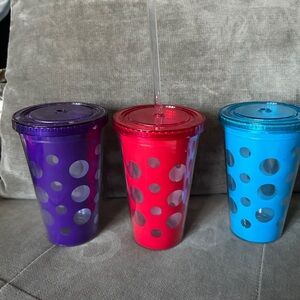 Set of Three Polka Dot Tumblers with Lids and Straw